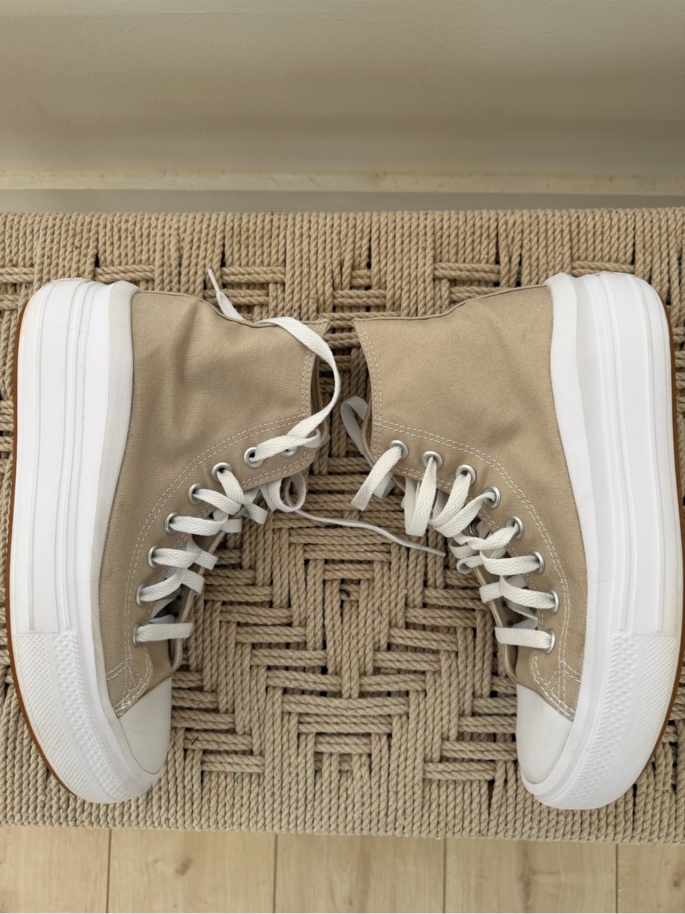 Converse Beige and White Platform High Top Sneakers - Picture 2 of 7